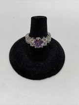 Stunning Silver Tone Round Simulated Purple and Diamond Stone Ring  Size... - $14.85