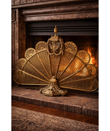 Antique Brass Fan Fireplace Screen | Ornate Victorian / Art Nouveau Peacock - $587.02