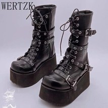 Big Size 43 Women boots Black Lace Up Buckle Round Toe Wedges Platform Boots Pun - £55.21 GBP