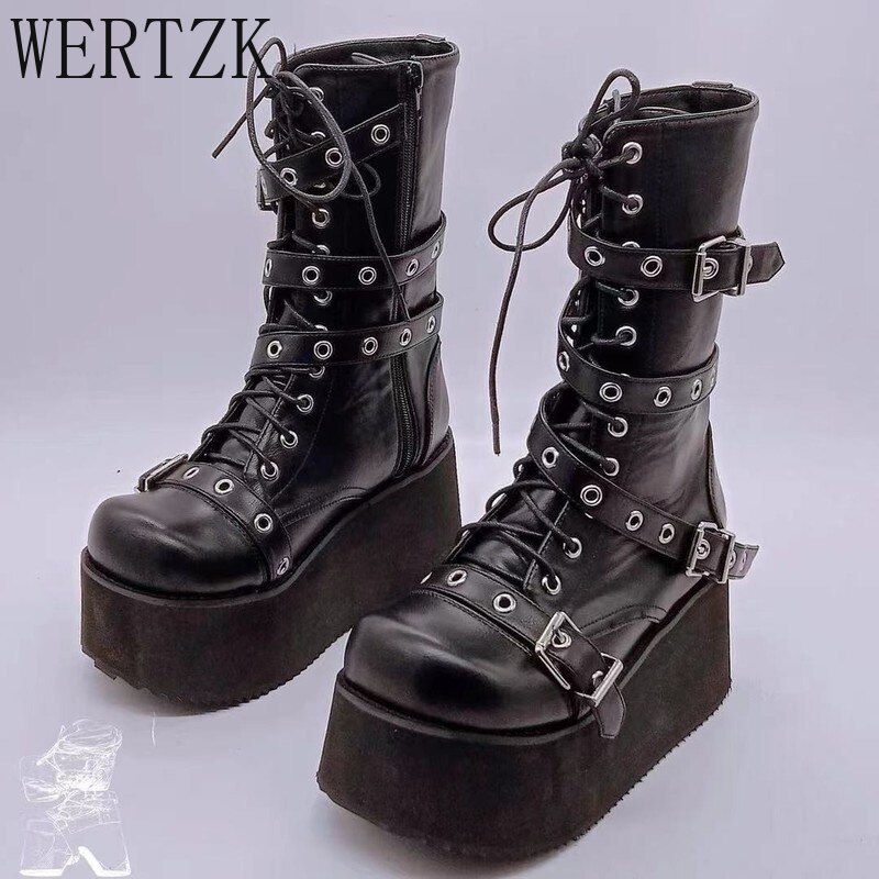 Primary image for Big Size 43 Women boots Black Lace Up Buckle Round Toe Wedges Platform Boots Pun