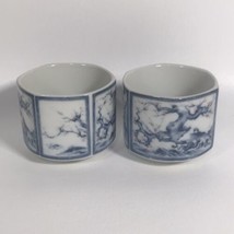 Asian Porcelain Blue &amp; White Saki Teacups x 2, Pink Cherry Blossom 3&quot;x2 1/2&quot; - £11.78 GBP