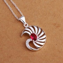 Shell Pendant Necklace Silver Plated 925 Ruby Simulated 18&quot; s198 - £9.54 GBP
