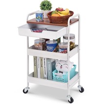3-Tier Utility Rolling Cart With Wooden Board And Drawer, Metal Storage ... - £64.99 GBP