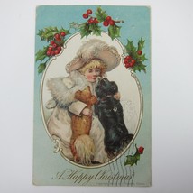 Christmas Postcard Victorian Girl Puppy Dogs Holly Berries Embossed Antique 1907 - £7.98 GBP