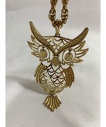 VINTAGE 70&#39;S GOLD TONE LARGE ARTICULATED HINGED OWL PENDANT NECKLACE - $20.35 CAD