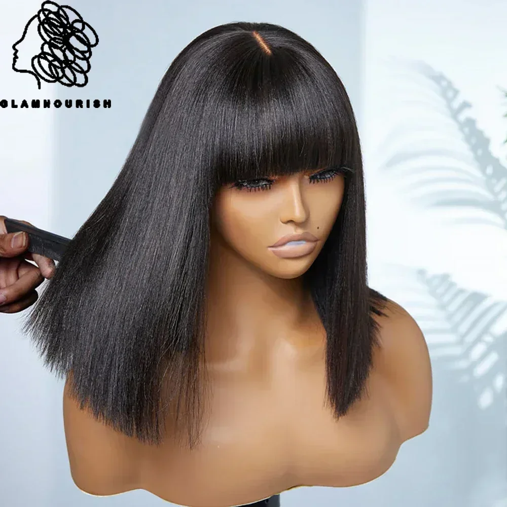 Straight Human Hair Bob Wig With Bangs Realistic Look Fake Lace Scalp Gluele - £41.70 GBP+