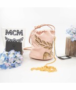 MCM Himmel Gold Studded Pink Nylon Laurel Drawstring Crossbody Bucket Ba... - $489.56