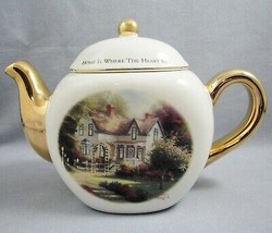 Thomas Kinkade Home Is Where The Heart Is II Teleflora Ceramic Teapot Gold Trim - £11.88 GBP