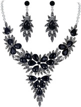 Womens Wedding Bridal Black Crystal Cluster Leaf Necklace Earrings Set Silver - £41.53 GBP