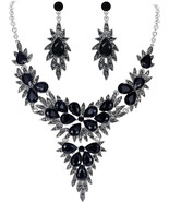 Womens Wedding Bridal Black Crystal Cluster Leaf Necklace Earrings Set S... - £40.86 GBP