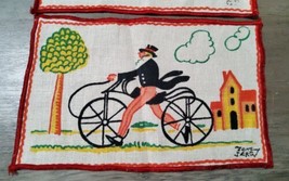 Vintage Lot 2 Signed Tony Sarg Linen Cocktail Napkins Man on Bicycle 5x7 - £48.15 GBP