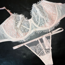 Victoria&#39;s Secret Unlined 34DD Bra Set S Thong Ice Pink Lace Mesh Dream Angels - £55.37 GBP