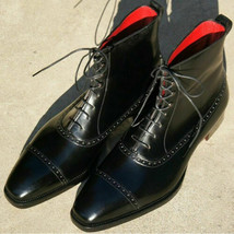 Handmade Men Black Cap Toe Lace Up Ankle High Boots, Men Black Ankle Boots - £126.52 GBP+
