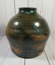 Studio Art Pottery Jug-Vase Heavy Brown with Splash of Blue Glaze 5&quot; Tall. - $15.77