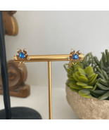 Vintage Gold Tone Blue Rhinestone Delicate Flower Earrings Screw Back - $20.16