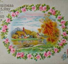 Birthday Postcard Country Lake Canoe Boat Pink Flowers Embossed Winsch Back - £5.85 GBP