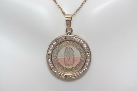 14K Tri-tone Gold Virgin Mary of Guadalupe Round Pendant Charm w/ Cubic Zirconia - £62.85 GBP