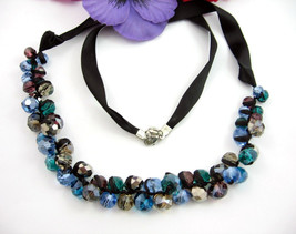 Blue &amp; Green Necklace Crystal Glass Beads Black Ribbon Vintage Loft Ann Taylor - £30.85 GBP