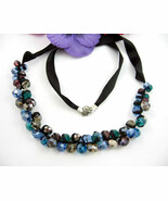 BLUE &amp; GREEN Necklace Crystal Glass BEADS  BLACK RIBBON Vintage  Loft An... - $38.60