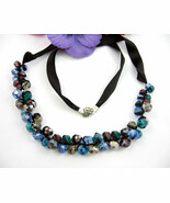 BLUE &amp; GREEN Necklace Crystal Glass BEADS  BLACK RIBBON Vintage  Loft An... - £30.50 GBP