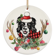 Cute Border Collie Dog With Antlers Reindeer Flower Xmas Circle Ornament Gift - £13.41 GBP