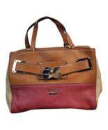 GUESS Top Handle Handbag Womens Brown Tan Red Colourblocked Logo Zip Clo... - £15.60 GBP