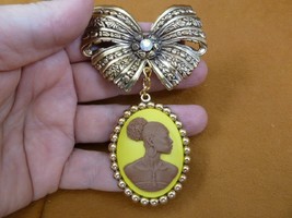 CA20-108) RARE African American LADY yellow + brown CAMEO bow dangle Pin Pendant - £30.63 GBP