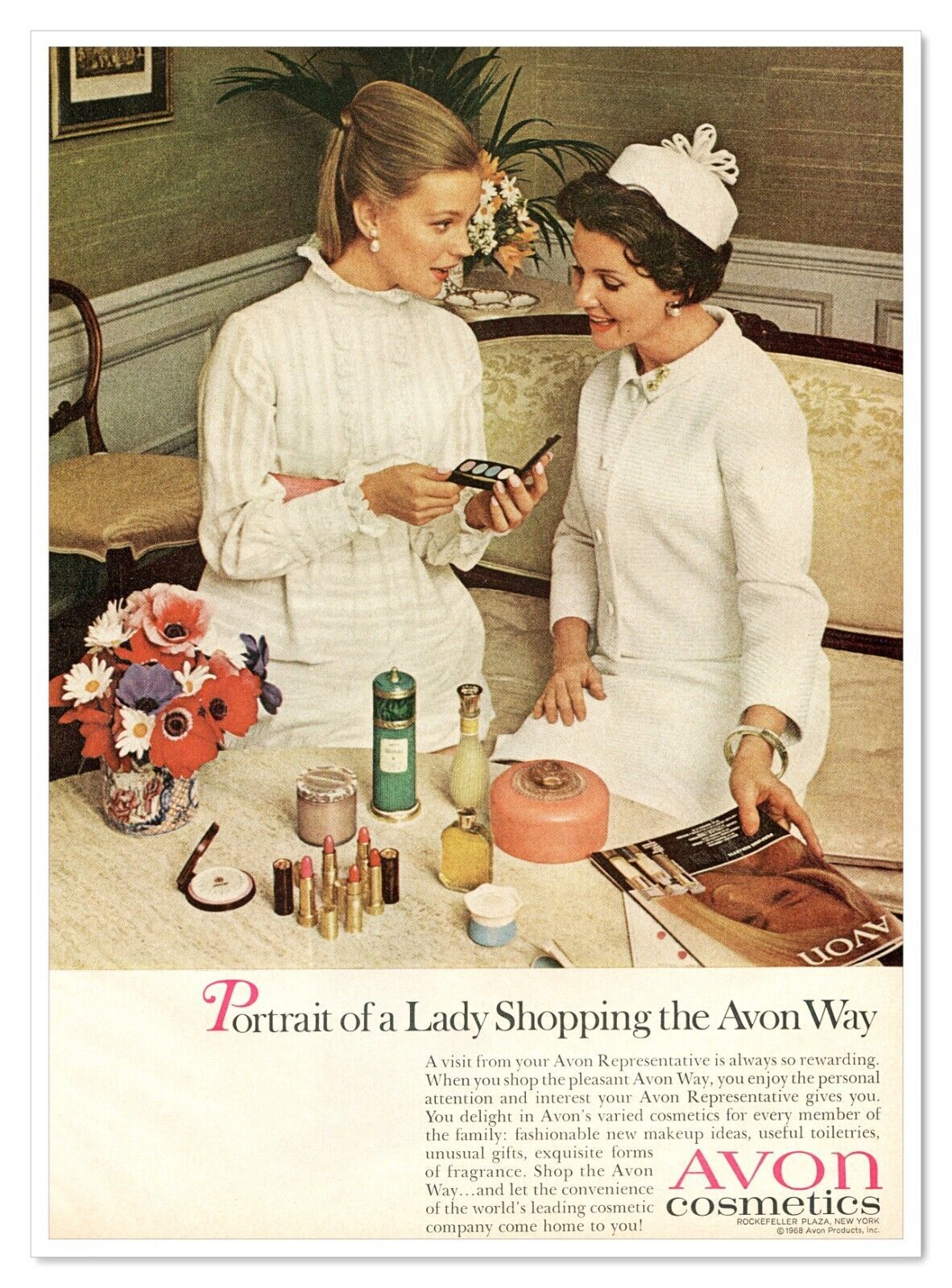 Primary image for Avon Cosmetics Shopping Women White Dresses Vintage 1968 Full-Page Magazine Ad