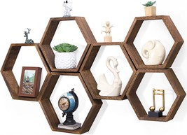 Hexagon Floating Shelves Set Of 6 Honeycomb Shelves For Wall Wood, Rustic Brown - £43.15 GBP