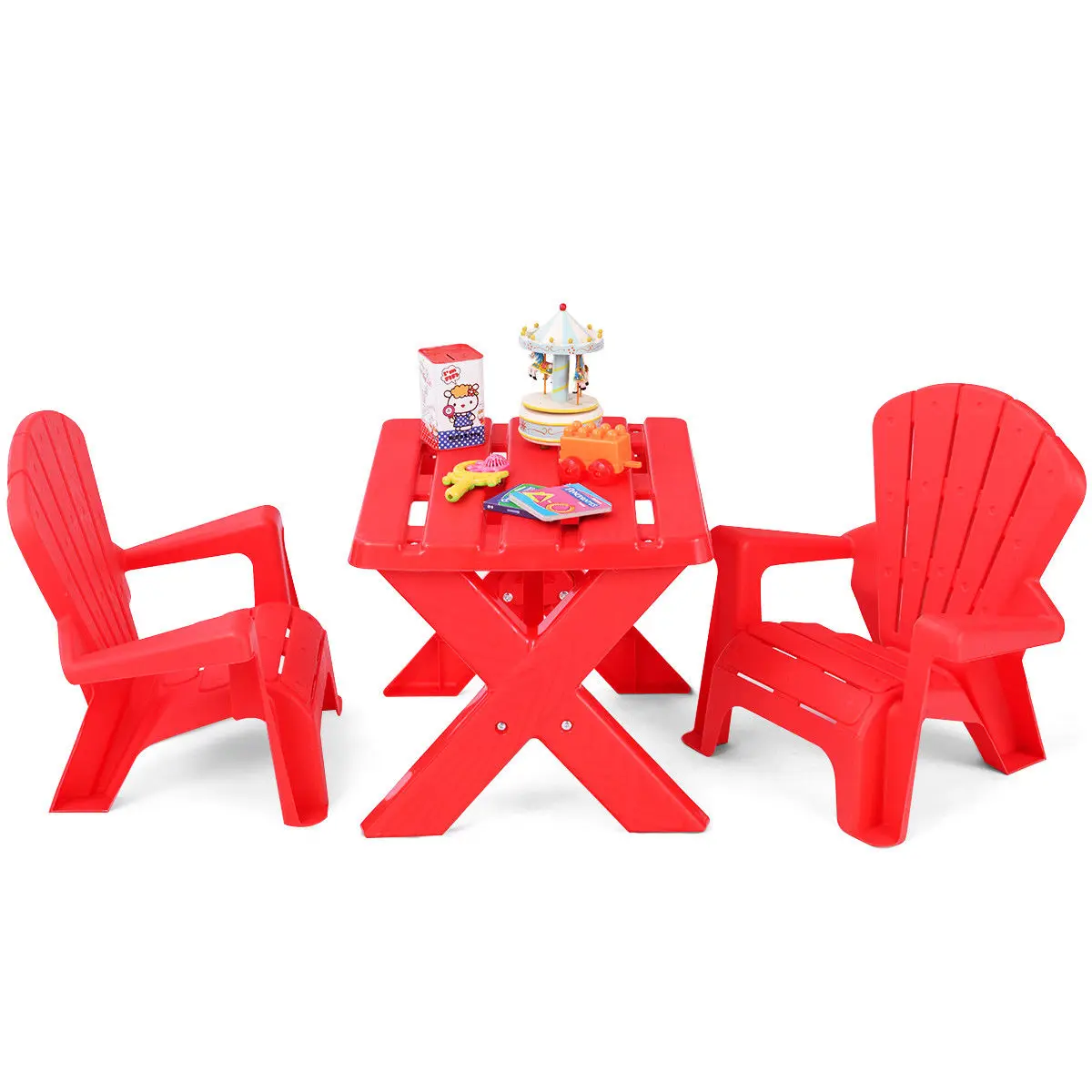Plastic children kids table chair set 3 piece play furniture in outdoor red thumb200