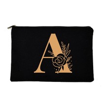 Gold Letters Large Rose Flower Plant Black Canvas Cosmetic Bag Lipstick Women Fa - £9.60 GBP