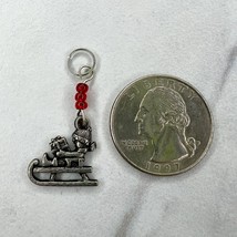 Silver Tone Red Beaded Sled Christmas Present Upcycled Pendant Charm - £5.46 GBP