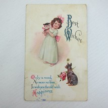 Postcard Best Wishes Little Girl Kitten &amp; Miniature Pinscher Black Puppy Dog - £4.69 GBP