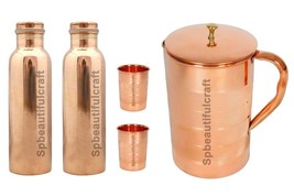 Copper Plain Smooth Bottle Water Pitcher Jug 2 Drinking Tumbler Glass Set Of 5 - £53.14 GBP