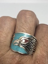 1980&#39;s Vintage Silver White Bronze Size 6.5 Men&#39;s Hawk Turquoise Inlay Ring - £31.65 GBP