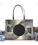 Tory Burch Ella Infinity T Black Cream Nylon Natural Leather Large Tote Bag NWT - $321.26