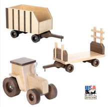 Farm Tractor With Forage &amp; Hay Wagons - Solid Walnut &amp; Maple Play Set Usa - £271.41 GBP