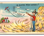 Comic Blasted Hedge Hopper Airplane Buzzes Farmer&#39;s Haystack Linen Postc... - $2.92