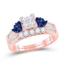 10kt Rose Gold Princess Diamond Blue Sapphire Bridal Wedding Ring Set 3/4 Ctw - £669.11 GBP