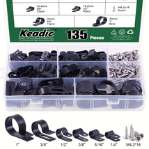 Cable Clamp 135 Pack Black Nylon R-Type Cord Fastener Clips Assortment K - £20.80 GBP