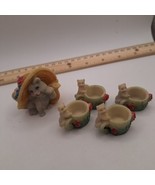 Vintage Miniature Tea Pot Set~Cat~5 Piece Novelty Resin Kitten In Sun Hat - $10.80