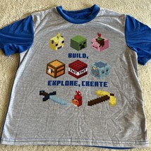 Mojang Minecraft Boys Gray Blue Creeper TNT Pig Axe Short Sleeve Pajama Shirt 12 - £7.44 GBP