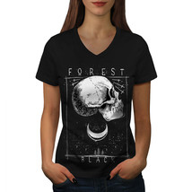 Forest Skull Black Shirt Moon Light Women V-Neck T-shirt - $12.99