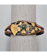 Copper Cuff Bracelet Open Work Flower Leaf Motif Green Center Stone 6.25&quot; - €26,14 EUR