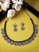 Oxidised Silver Kundan Plated Floral Shaped Bone Necklace Jewelry Set Earring - £13.42 GBP