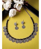 Oxidised Silver Kundan Plated Floral Shaped Bone Necklace Jewelry Set Ea... - $16.82