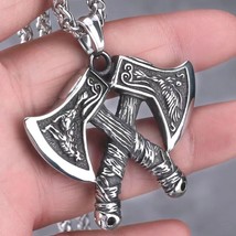 Men&#39;s Viking Celtic Wolf Raven Axe Pendant Necklace Punk Rock Jewelry Chain 24&quot; - £13.48 GBP