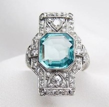 Woman&#39;s Wedding &amp; Engagement Ring, Aquamarine Asscher Cut Diamond Art de... - £174.34 GBP