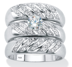 Round Cz Bridal 3 Piece Ring Set Bands Platinum Sterling Silver 6 7 8 9 10 - £239.79 GBP