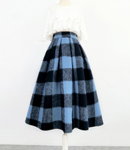 Winter Blue Plaid Midi Skirt Outfit Women Plus Size Woolen Midi Party Skirt - £68.73 GBP